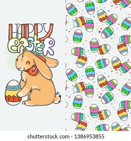 Happy Easter. Cute little rabbit with egg, cartoon hand drawn vector seamless pattern. Cute for baby coloring pages, t-shirt print, fashion prints, kids wear, baby shower celebration, greeting and inv