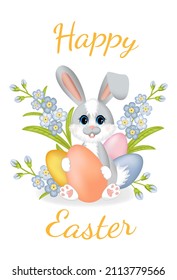  Happy easter. Cute little rabbit (hare) sitting with easter eggs and flowers (forget-me-not). Design for greeting card, banner, posters and a print on a different product. EPS10.