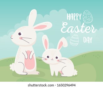 happy easter cute little rabbits in the field nature card vector illustration