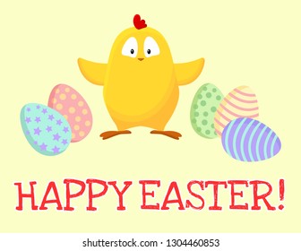 Happy Easter. Cute little yellow chicken with easter eggs cartoon postcard