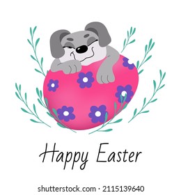 Happy easter. A cute mischievous dog lies on a painted Easter egg. Vector illustration for holiday poster, banner, greeting cards.