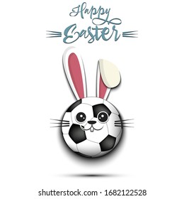 Happy Easter. Cute muzzle rabbit in the form of a soccer ball. Easter bunny on an isolated background. Pattern for greeting card, banner, poster, ad, invitation. Vector illustration