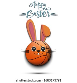 Happy Easter. Cute muzzle rabbit in the form of a basketball ball. Easter bunny on an isolated background. Pattern for greeting card, banner, poster, ad, invitation. Vector illustration