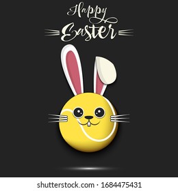 Happy Easter. Cute muzzle rabbit in the form of a tennis ball. Easter bunny on an isolated background. Pattern for greeting card, banner, poster, ad, invitation. Vector illustration