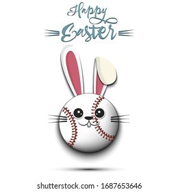 Feliz Pascua. El conejo muzzle en forma de bola de béisbol. Un conejito de Pascua con un fondo aislado. Patrón para tarjeta de felicitación, banner, afiche, anuncio, invitación. Ilustración del vector