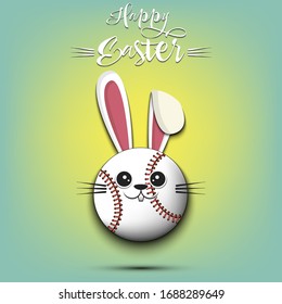 Happy Easter. Cute muzzle rabbit in the form of a baseball ball. Easter bunny on an isolated background. Pattern for greeting card, banner, poster, ad, invitation. Vector illustration