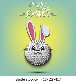 Happy Easter. Cute muzzle rabbit in the form of a golf ball. Easter bunny on an isolated background. Pattern for greeting card, banner, poster, ad, invitation. Vector illustration