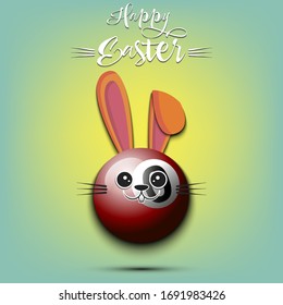 Happy Easter. Cute muzzle rabbit in the form of a billiard ball. Easter bunny on an isolated background. Pattern for greeting card, banner, poster, ad, invitation. Vector illustration