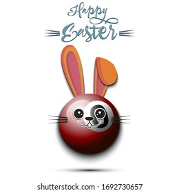 Happy Easter. Cute muzzle rabbit in the form of a billiard ball. Easter bunny on an isolated background. Pattern for greeting card, banner, poster, ad, invitation. Vector illustration