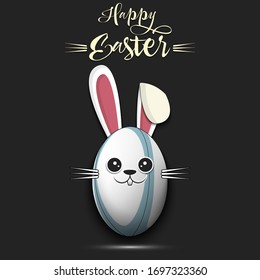 Happy Easter. Cute muzzle rabbit in the form of a Rugby ball. Easter bunny on an isolated background. Pattern for greeting card, banner, poster, ad, invitation. Vector illustration