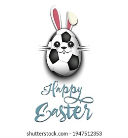 Happy Easter. Cute Muzzle rabbit in the form of a soccer ball and egg. Easter bunny on an isolated background. Pattern for greeting card, banner, poster, ad, invitation. Vector illustration