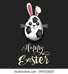 Happy Easter. Cute Muzzle rabbit in the form of a soccer ball and egg. Easter bunny on an isolated background. Pattern for greeting card, banner, poster, ad, invitation. Vector illustration