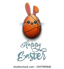 Happy Easter. Cute Muzzle rabbit in the form of a basketball ball and egg. Easter bunny on an isolated background. Pattern for greeting card, banner, poster, ad, invitation. Vector illustration