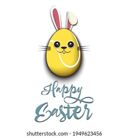 Happy Easter. Cute Muzzle rabbit in the form of a tennis ball and egg. Easter bunny on an isolated background. Pattern for greeting card, banner, poster, ad, invitation. Vector illustration
