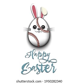 Happy Easter. Cute Muzzle rabbit in the form of a baseball ball and egg. Easter bunny on an isolated background. Pattern for greeting card, banner, poster, ad, invitation. Vector illustration
