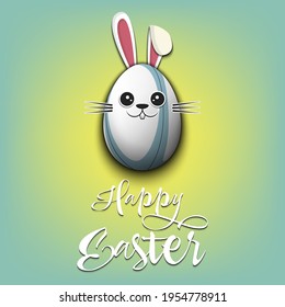 Happy Easter. Cute Muzzle rabbit in the form of a rugby ball and egg. Easter bunny on an isolated background. Pattern for greeting card, banner, poster, ad, invitation. Vector illustration