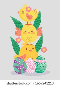 happy easter cute pile of chickens with eggs flowers decoration vector illustration