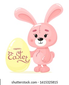 Happy easter. Cute pink bunny with an egg and handwritten text. Vector illustration in cartoon style. White background.