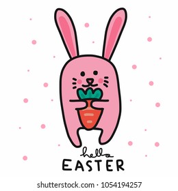 Happy Easter cute pink rabbit and carrot cartoon vector illustration 