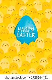 Happy easter cute postcard with little chickens and big blue egg