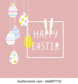Happy Easter cute poster With hanging eggs. Vector illustration
