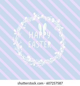 Happy Easter cute poster With wreath, willow, rabbit. Flowers. Vector illustration. Wallpaper, flyers, brochure,voucher. Vector illustration.