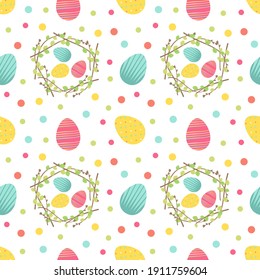 Happy Easter cute print. Festive decoration seamless pattern with eggs, wreath and dots. Elements for wrapping paper, printing. Vector flat illustration