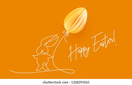 Happy Easter. Cute rabbit with air balloon shaped as egg. Vector paper desing illustration. Continuous one line style.