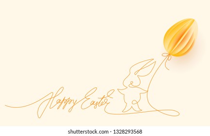 Happy Easter. Cute rabbit with air balloon shaped as egg. Vector paper desing illustration. Continuous one line style.