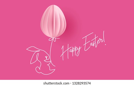 Happy Easter. Cute rabbit with air balloon shaped as egg. Vector paper desing illustration. Continuous one line style.