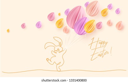 Happy Easter. Cute rabbit with air balloons shaped as eggs. Vector paper desing illustration. Continuous one line style.