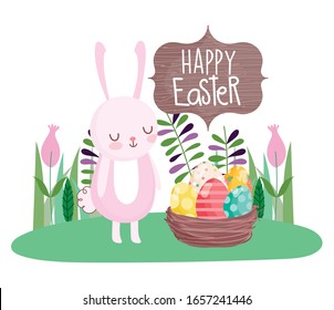 feliz Pascua conejo lindo con huevos rellenos de cesta decoración flores ilustración vectorial