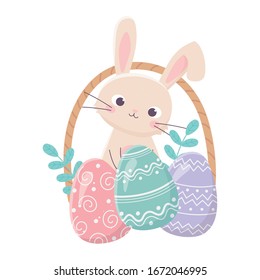 happy easter cute rabbit basket with eggs leaves vector illustration