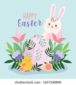 happy easter cute rabbit chicken egg flowers leaves foliage nature decoration vector illustration