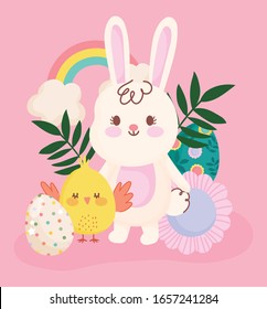 feliz Pascua tierno conejo y huevo de pollo flor follaje arcoiris decoración vectorial ilustración