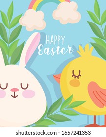 happy easter cute rabbit chicken rainbow foliage leaves card vector illustration