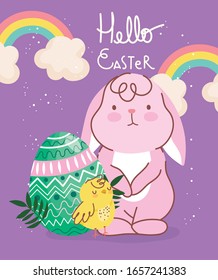 feliz Pascua tierno conejo huevo verde hojas arcoiris ilustración vectorial