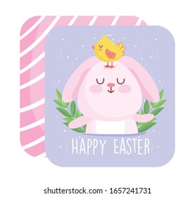 alegre Pascua linda conejo con pollo en la cabeza caricatura vectorial ilustración