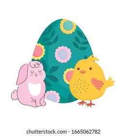happy easter cute rabbit and chicken with painted egg decoration with flowers vector illustration