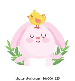 alegre Pascua linda conejo con pollo en la cabeza caricatura vectorial ilustración