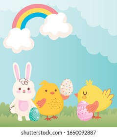 happy easter cute rabbit chickens with eggs rainbow clouds decoration vector illustration