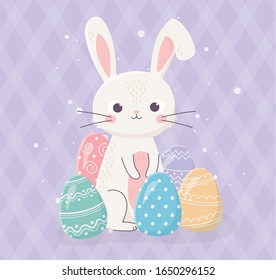 happy easter cute rabbit with decorative eggs celebration vector illustration