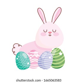 happy easter cute rabbit and decorative eggs ornament vector illustration