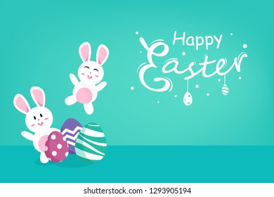 Happy Easter, cute rabbit with egg fancy, calligraphy season holiday splashing art, funny cartoon invitation poster greeting card abstract background vector illustration