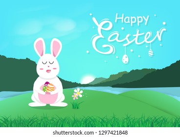 Happy Easter, cute rabbit with egg, sleeping in nature grass field, funny cartoon fantasy mountains landscape invitation poster greeting card abstract background vector illustration