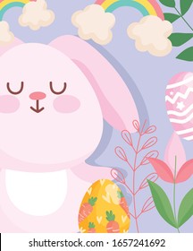 happy easter cute rabbit with egg painting carrots flowers leaves cartoon vector illustration