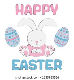 Happy Easter cute rabbit and Easter eggs isolated on white background. Postcard or banner in delicate colors-pink, blue, yellow. Square format, vector illustration in hand drawn doodle style.