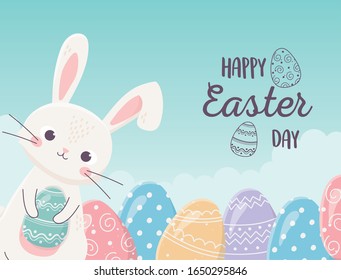 happy easter cute rabbit with eggs celebration ornament vector illustration