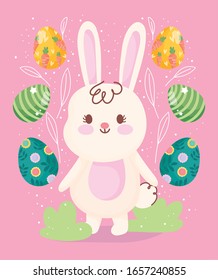 happy easter cute rabbit with eggs around floral decoration vector illustration