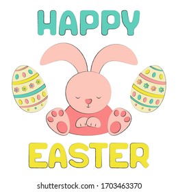 Happy Easter cute rabbit and Easter eggs isolated on white background. Postcard or banner in delicate colors-pink, blue, yellow. Square format, vector illustration in hand drawn doodle style.